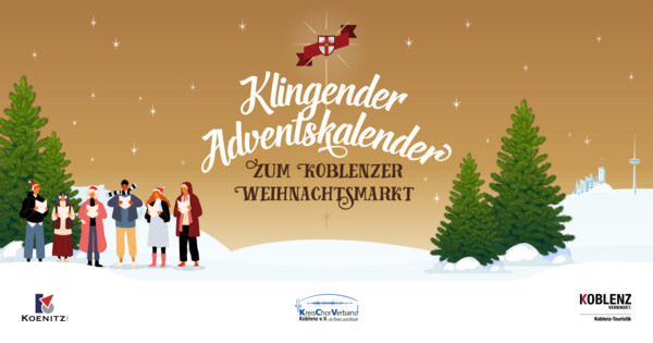 Gezeichnete Personen mit winterlicher Kleidung und Notenblättern in der Hand, im Hintergrund Schneelandschaft und Tannenbäume © Koblenz-Touristik GmbH Gezeichnete Personen mit winterlicher Kleidung und Notenblättern in der Hand, im Hintergrund Schneelandschaft und Tannenbäume © Koblenz-Touristik GmbH