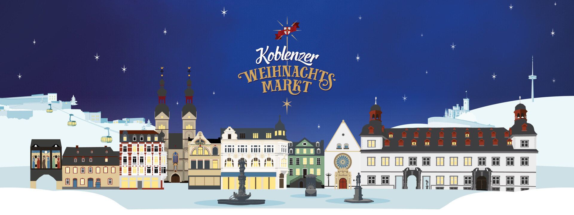 © Koblenz-Touristik GmbH Grafik zum Koblenzer Weihnachtsmarkt mit Darstellung der Altstadt und diversen Sehenswürdigkeiten in Koblenz © Koblenz-Touristik GmbH