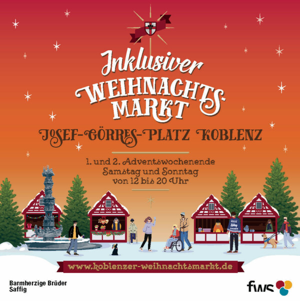 Inklusiver Weihnachtsmarkt 2024 © Koblenz-Touristik GmbH Personen auf dem Görresplatz mit Weihnachtsmarktbuden im Hintergrund © Koblenz-Touristik GmbH